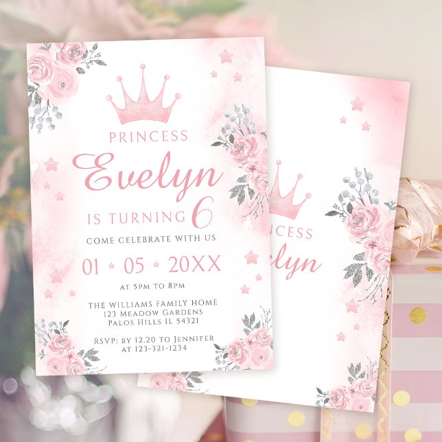 Pink silver princess birthday girl invitation (Creator Uploaded)