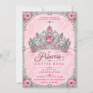 Pink Silver Princess Crown Birthday Invitation