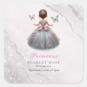 Pink silver princess gown Fairytale birthday party Square Sticker