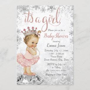 Pink Silver Princess Snowflake Girl Baby Shower Invitation