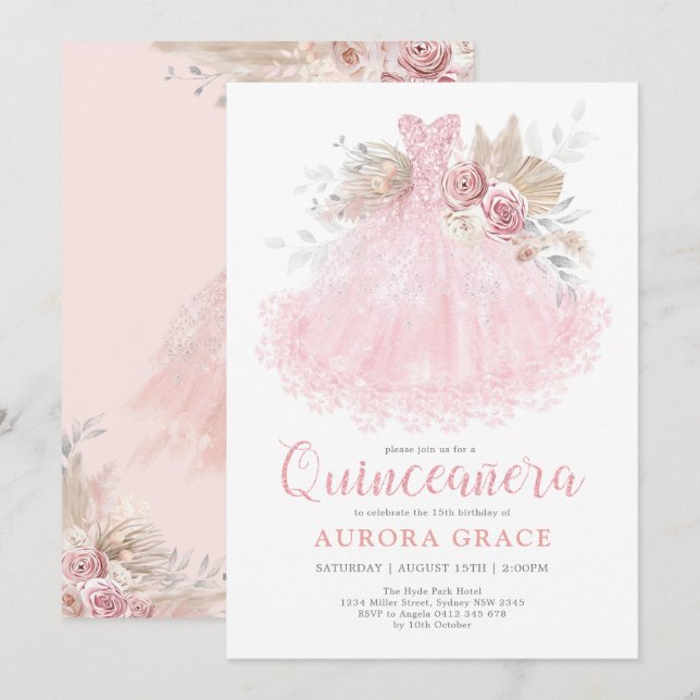 Pink Silver Quinceañera Dress Mis Quince 15 Años Invitation (Front/Back)