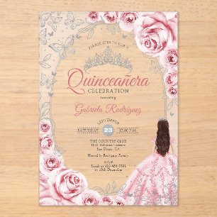 Pink Silver Quinceanera Floral Acrylic Invitations