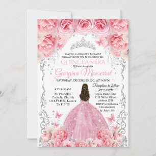Pink Silver Quinceañera Invitation Floral Design