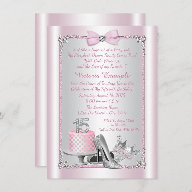 Pink Silver Quinceanera Invitations (Front/Back)