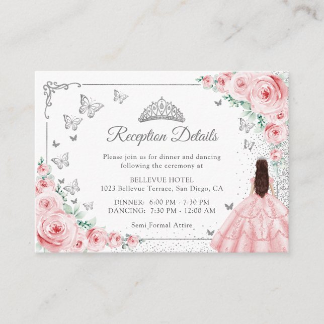 Pink Silver Quincenarea Reception Details Enclosure Card (Front)