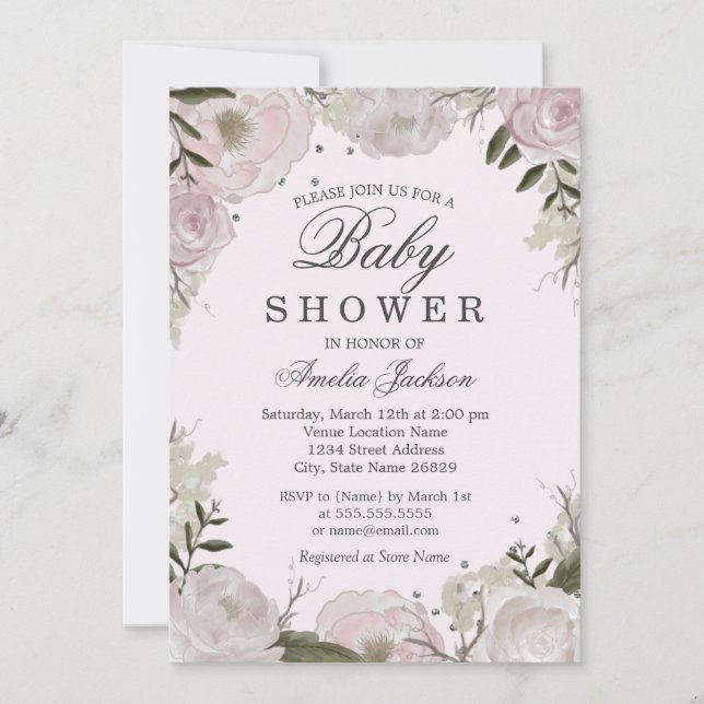 Pink Silver Rose Floral Baby Shower Invitation (Front)