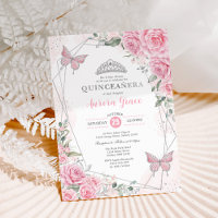 Pink Silver Roses Butterfly Quinceañera Birthday
