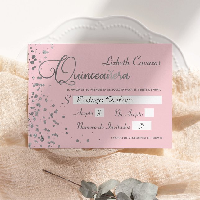 Pink Silver RSVP Quinceanera Spanish Response Card (Creator Uploaded)