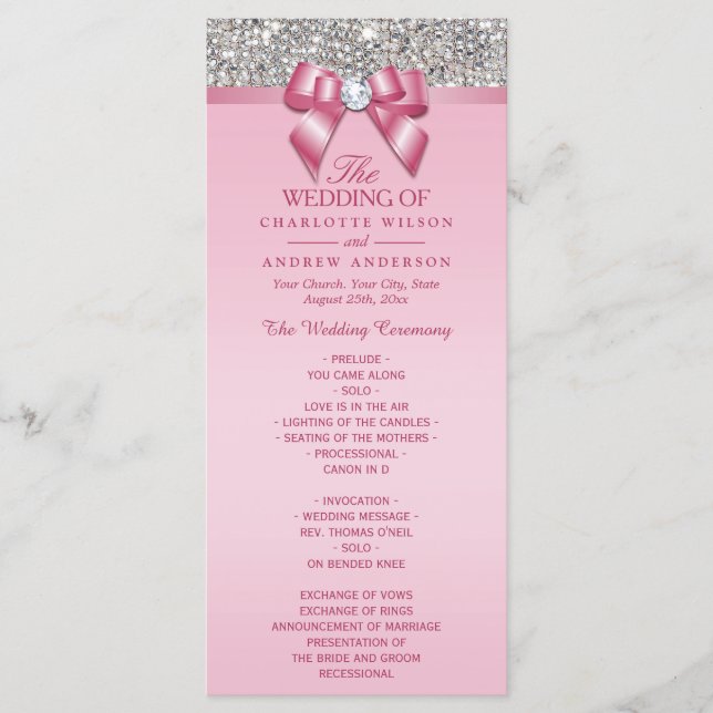 Pink Silver Sequin Diamond Bow Wedding Program Programme (Front)