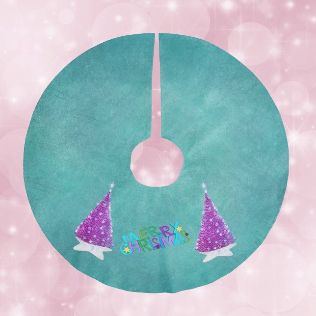 Pink Silver Shiny Trees Merry Christmas Colourful Brushed Polyester Tree Skirt (Colourful Merry Christmas text pink and silver shiny trees white stars on teal Christmas tree skirt.)