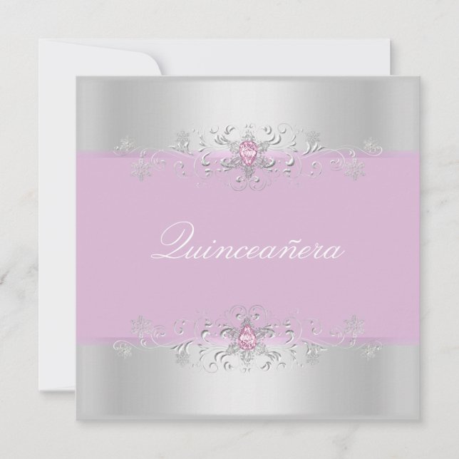 Pink & Silver Snow Gem Quinceanera Invite (Front)