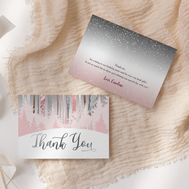 Pink Silver Snow Wood Winter Trees 1st Birthday Thank You Card (Creator Uploaded)