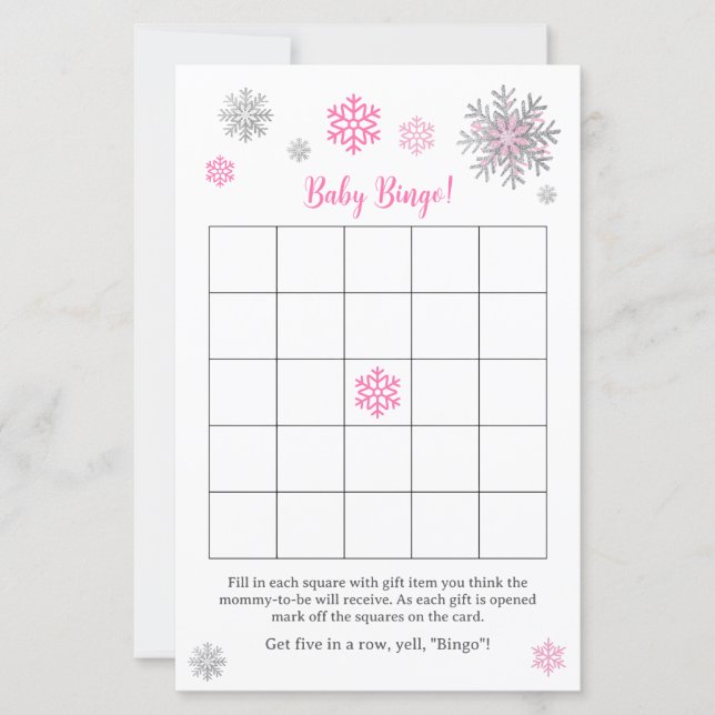 Pink Silver Snowflake Baby Shower Bingo Game  (Front)
