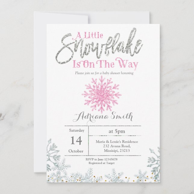 Pink Silver snowflake baby shower Invitation (Front)