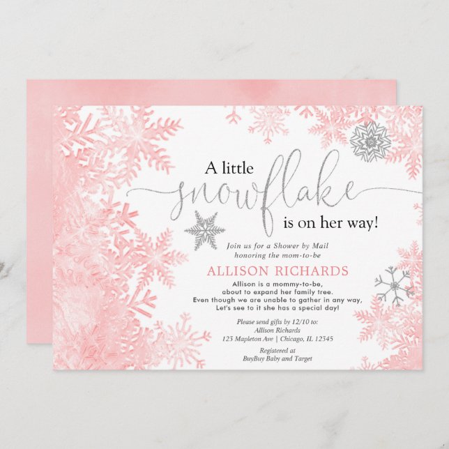 Pink silver snowflake Shower by Mail baby shower Invitation (Front/Back)