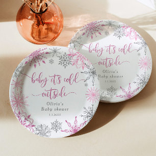 Pink silver snowflakes baby its cold outside paper plate