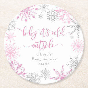 Pink silver snowflakes baby its cold outside round paper coaster