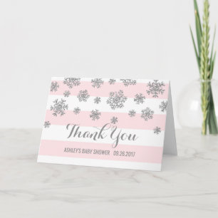 Pink Silver Snowflakes Baby Shower Thank You Card