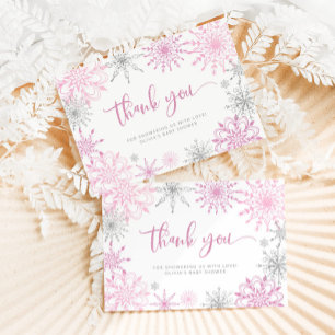 Pink silver snowflakes baby shower thank you card
