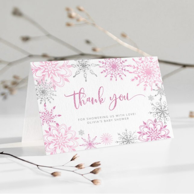 Pink silver snowflakes baby shower thank you  card (Creator Uploaded)