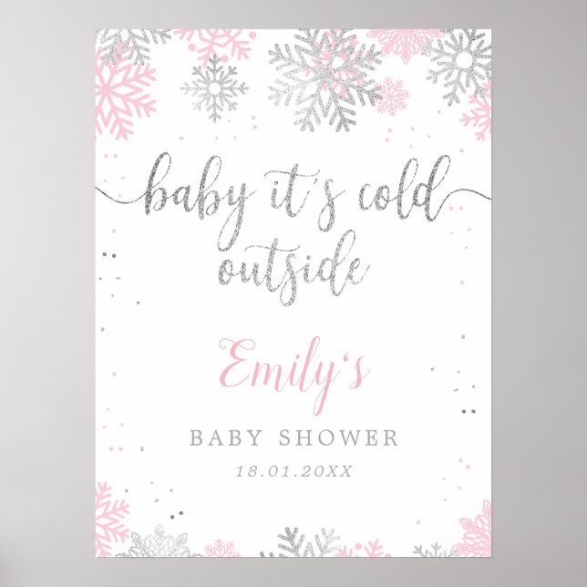Pink Silver Snowflakes Baby Shower Welcome Sign (Front)