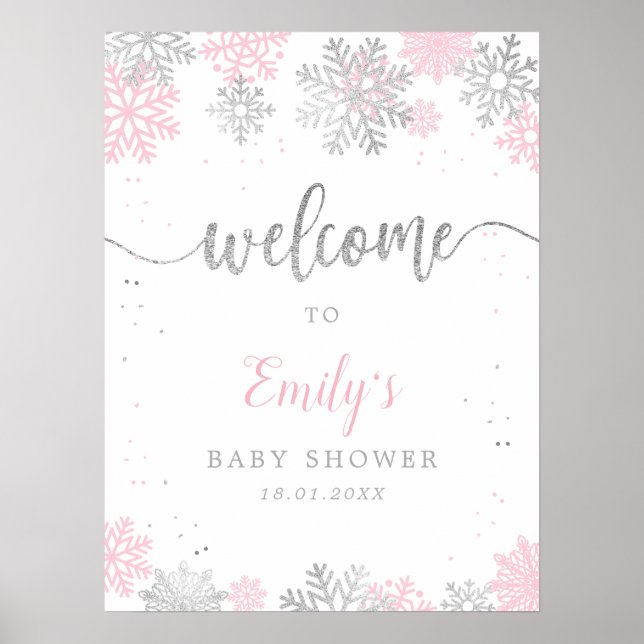 Pink Silver Snowflakes Girl Baby Shower Welcome Poster (Front)