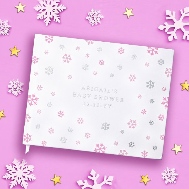 Pink Silver Snowflakes Winter Girl Baby Shower Guest Book (Creator Uploaded)