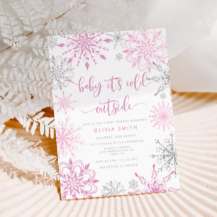 Pink silver snowflakes winter girl baby shower invitation