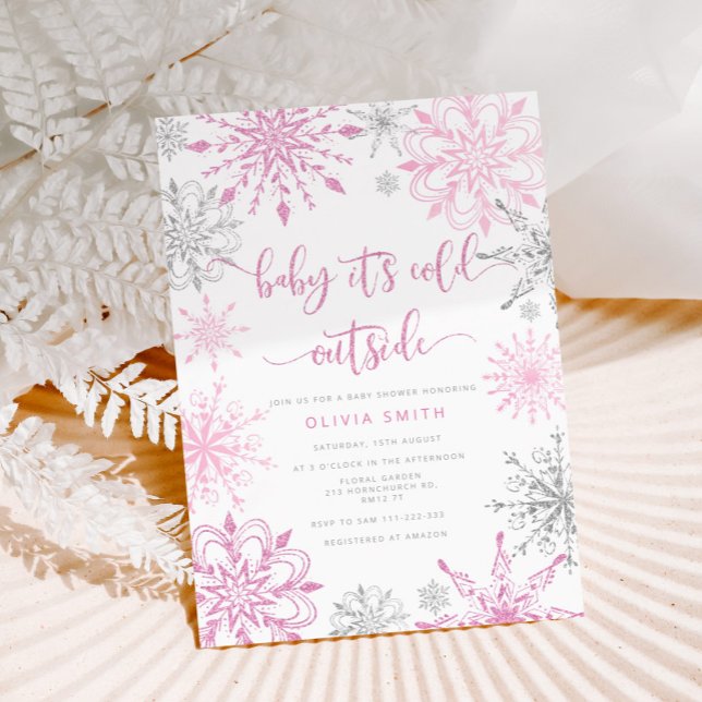 Pink silver snowflakes winter girl baby shower  invitation (Creator Uploaded)