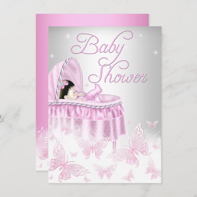 Pink & Silver Sparkle Butterfly Girl Baby Shower Invitation (Front/Back)