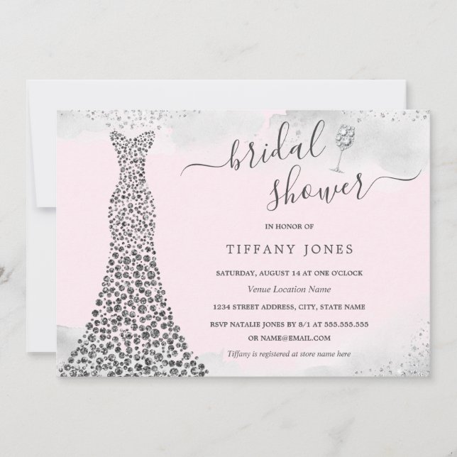 Pink Silver Sparkle Diamond Dress Bridal Shower Invitation (Front)