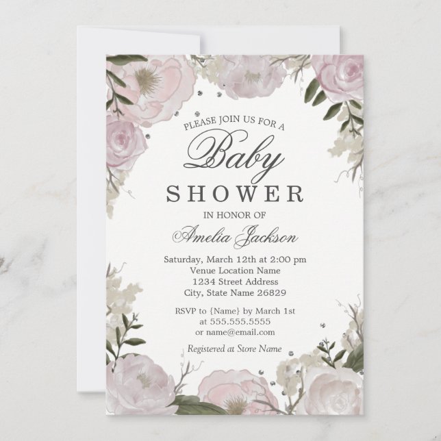 Pink Silver Sparkle Floral Baby Shower Invitation (Front)