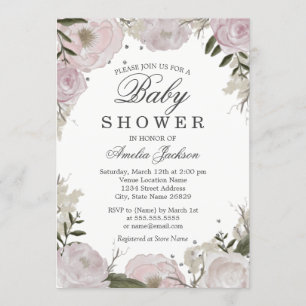 Pink Silver Sparkle Floral Baby Shower Invitation