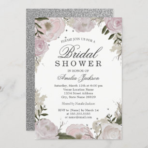 Pink Silver Sparkle Floral Bridal Shower Invitation