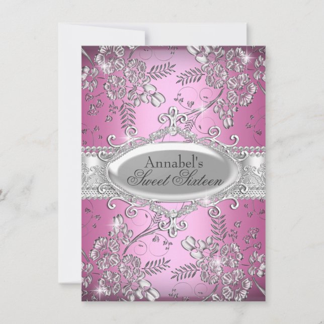 Pink Silver Sparkle Flower Sweet 16 Invite (Front)