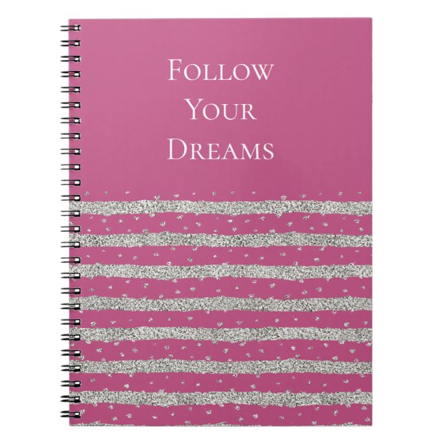 Pink Silver Sparkly Confetti Stripes Notebook (Front)