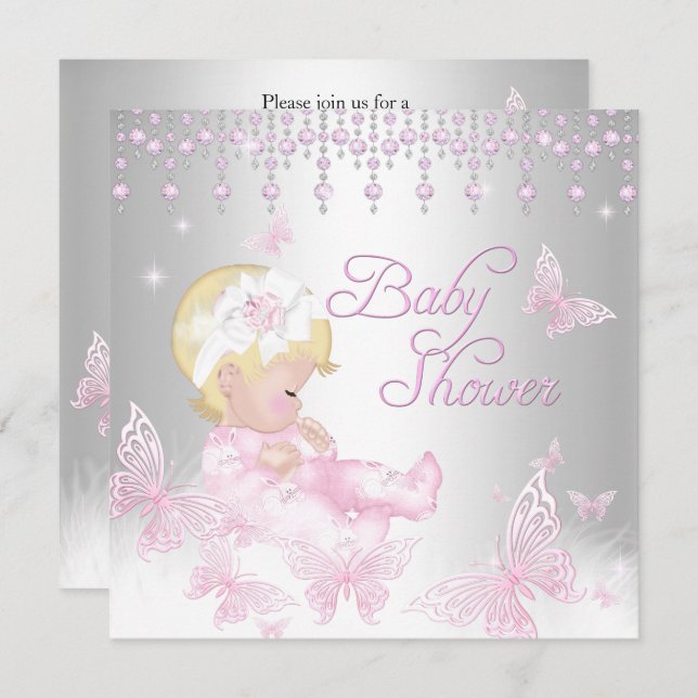 Pink Silver Sprinkle Butterfly Baby Shower Blonde Invitation (Front/Back)