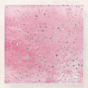 Pink Silver Stars   Glass Coaster