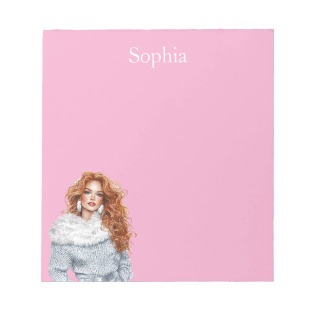 Pink Silver Sweater Red Hair Female Notepad (Front)