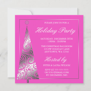 Pink Silver Swirl Christmas Tree Holiday Party Invitation