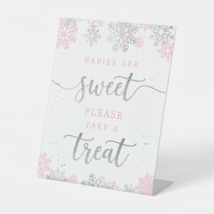 Pink Silver Take A Treat Winter Baby Shower Pedestal Sign