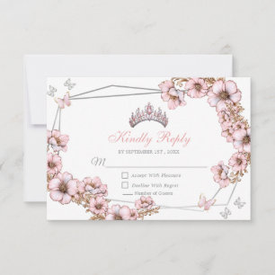 Pink Silver Tiara Butterfly Quinceañera RSVP Card