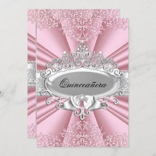Pink/Silver Tiara & Damask Quinceanera 15th Party Invitation