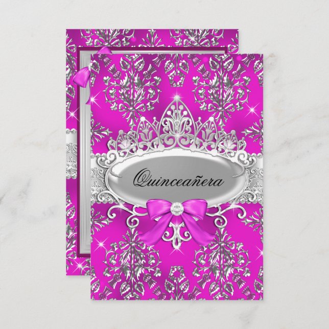 Pink Silver Tiara Damask Quinceanera Invite (Front/Back)