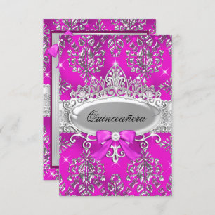 Pink Silver Tiara Damask Quinceanera Invite