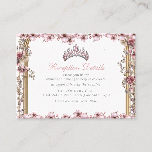 Pink Silver Tiara Floral Quinceañer Enclosure Card (Front)