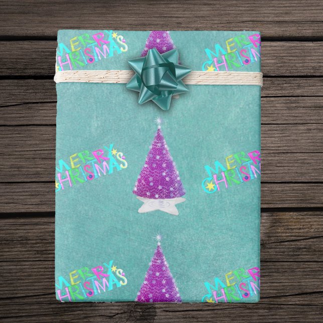 Pink Silver Trees Colourful Merry Christmas Teal Wrapping Paper (Merry Christmas sparkle pink and silver tree on teal shade of roll gift wrapping paper.)
