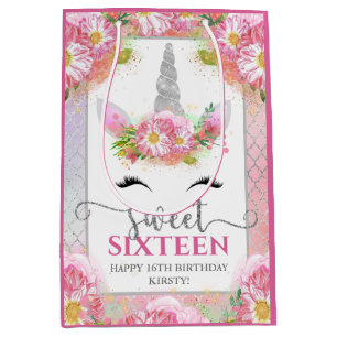 Pink & Silver Unicorn Face Floral Sweet Sixteen Medium Gift Bag