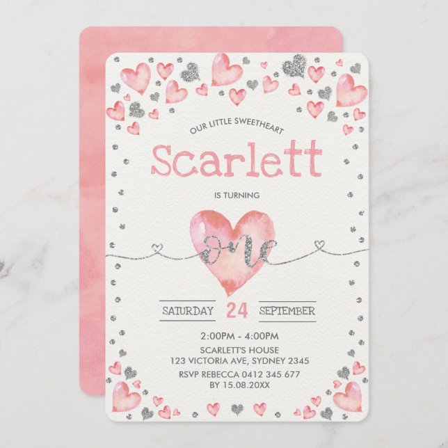 Pink Silver Valentines Sweetheart 1st Birthday Invitation (Front/Back)