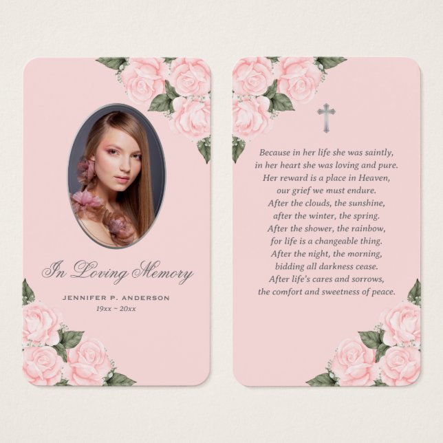 Pink Silver Watercolor Floral Memorial Prayer Card (Front & Back)
